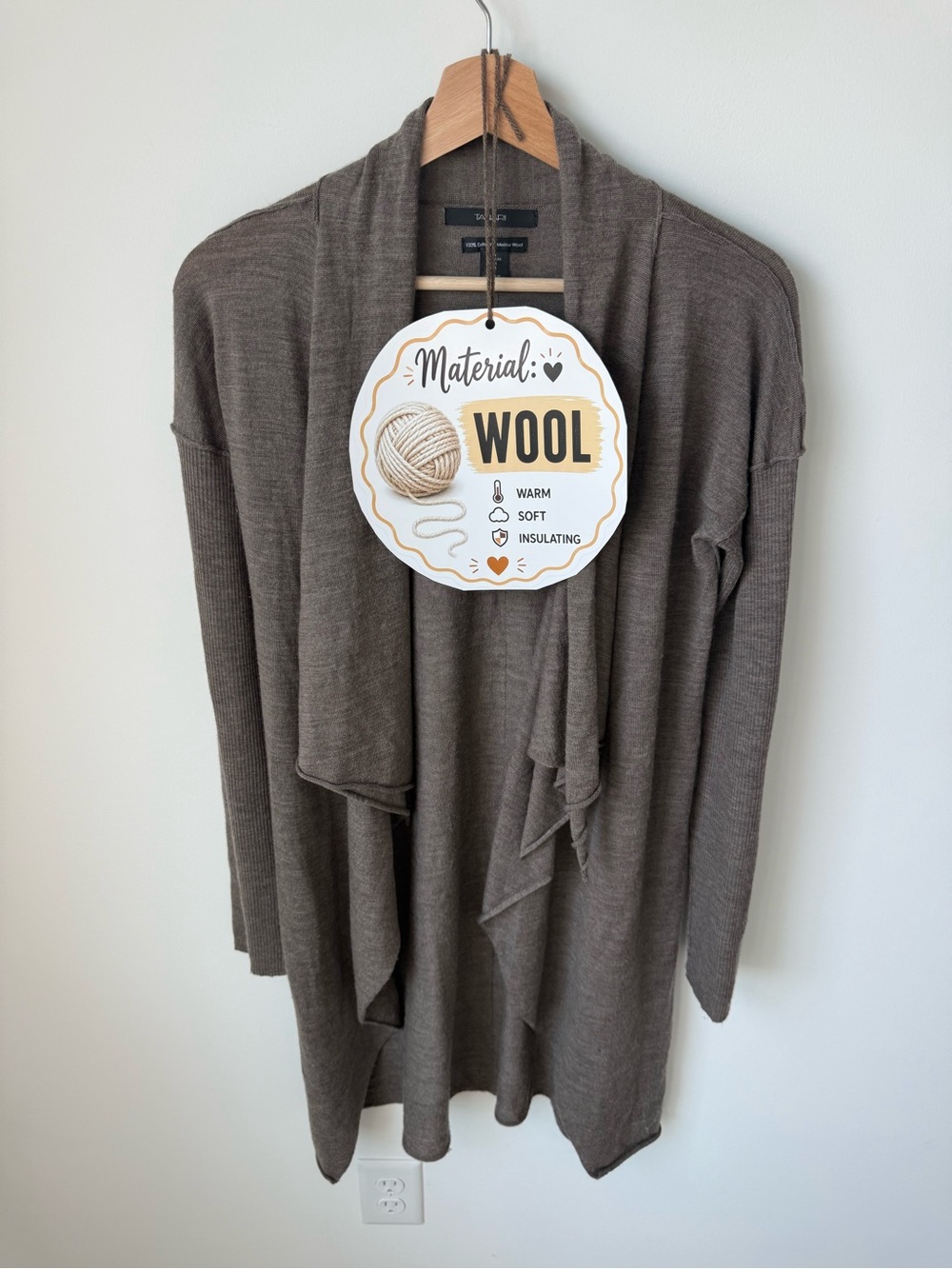 Tahari Taupe Brown 100% Extrafine Merino Wool Draped Open-Front Cardigan | M